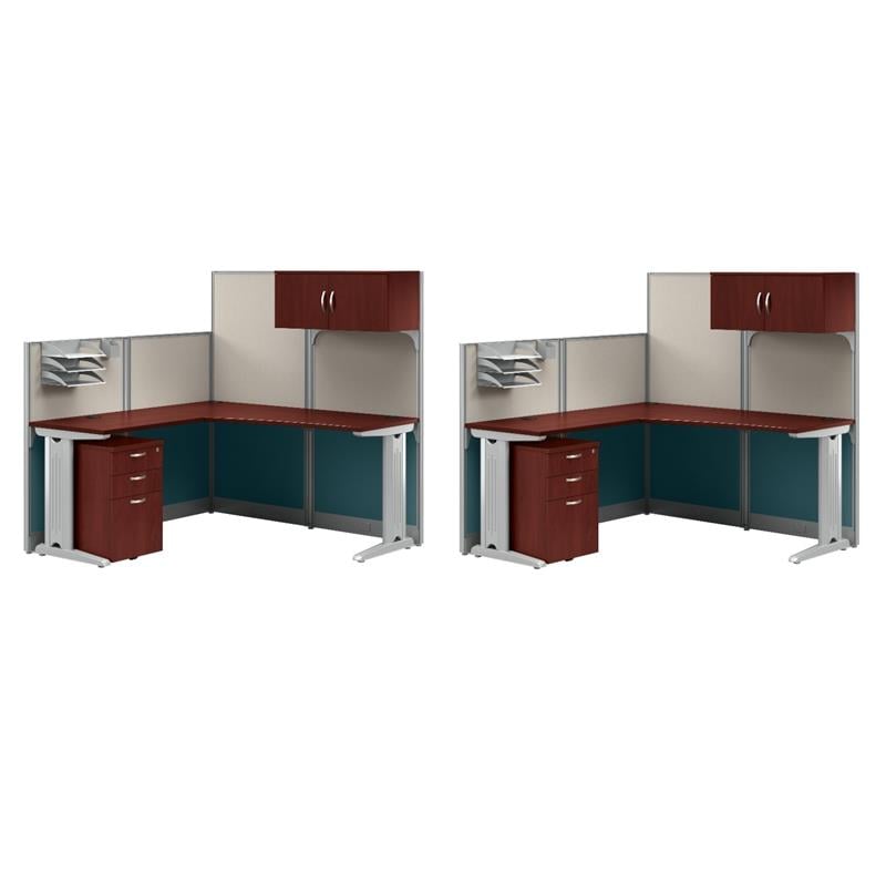 Pemberly Row Set of 2 Engineered Wood L Shaped Cubicle Desk Set in Hansen Cherry