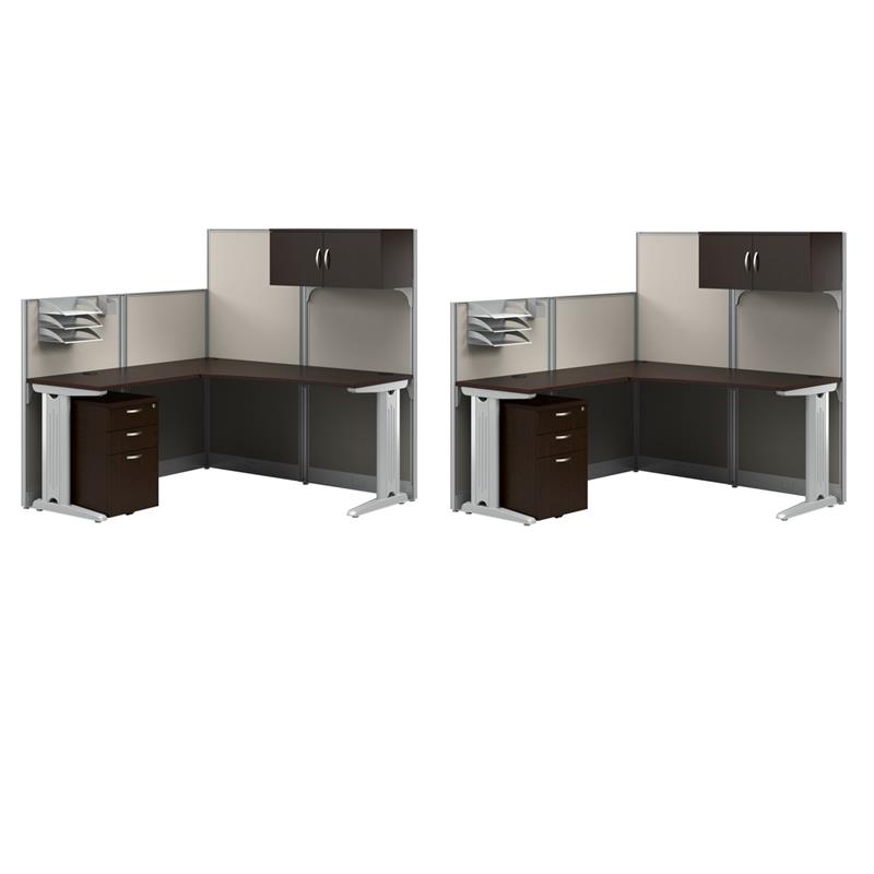 Pemberly Row Set of 2 Engineered Wood L Shaped Cubicle Desk Set in Mocha Cherry