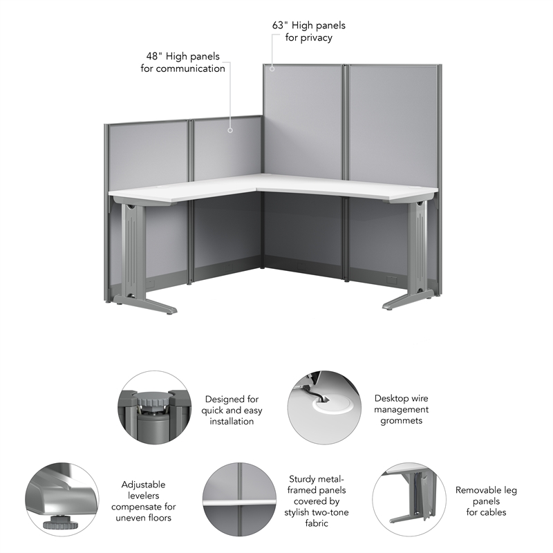 Pemberly Row Set of 2 Engineered Wood 65W L Shaped Cubicle Desk in Pure White