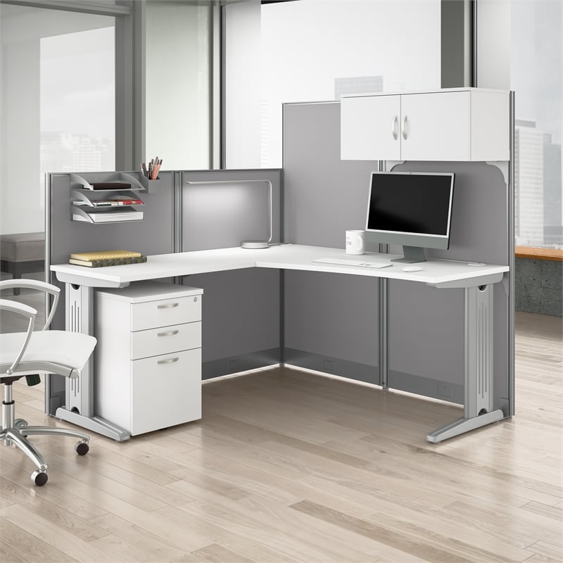 Pemberly Row Set of 2 Engineered Wood L Cubicle Desk with Storage in Pure White