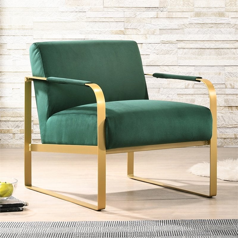 Pemberly Row Steel/Velvet Upholstered Lounge Accent Chair in Green / Gold