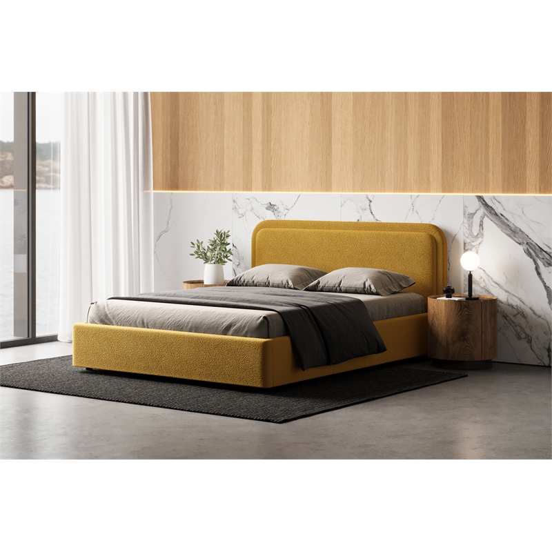 Pemberly Row Upholstered Platform Queen Bed in Mustard Boucle Fabric