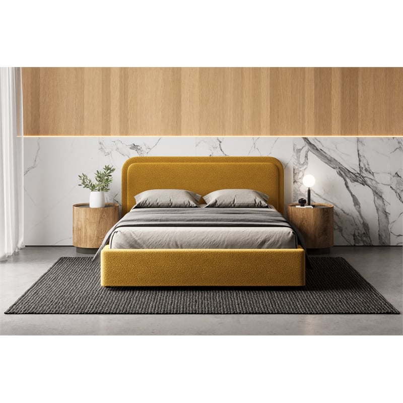 Pemberly Row Upholstered Platform Queen Bed in Mustard Boucle Fabric