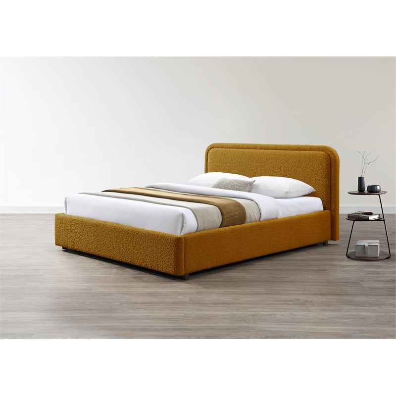 Pemberly Row Upholstered Platform Queen Bed in Mustard Boucle Fabric