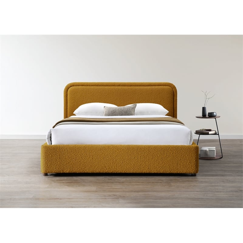 Pemberly Row Upholstered Platform Queen Bed in Mustard Boucle Fabric
