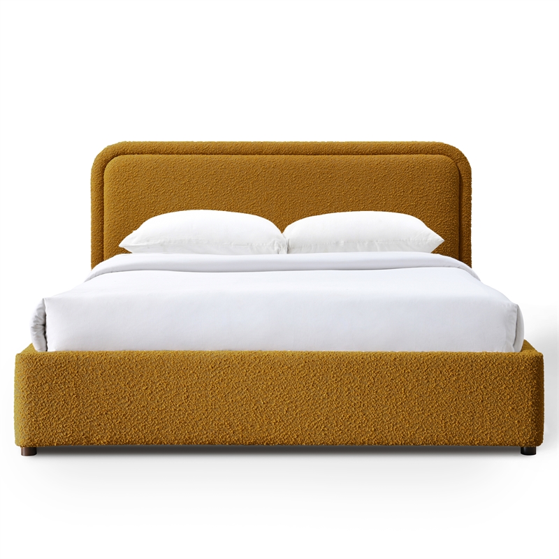 Pemberly Row Upholstered Platform Queen Bed in Mustard Boucle Fabric