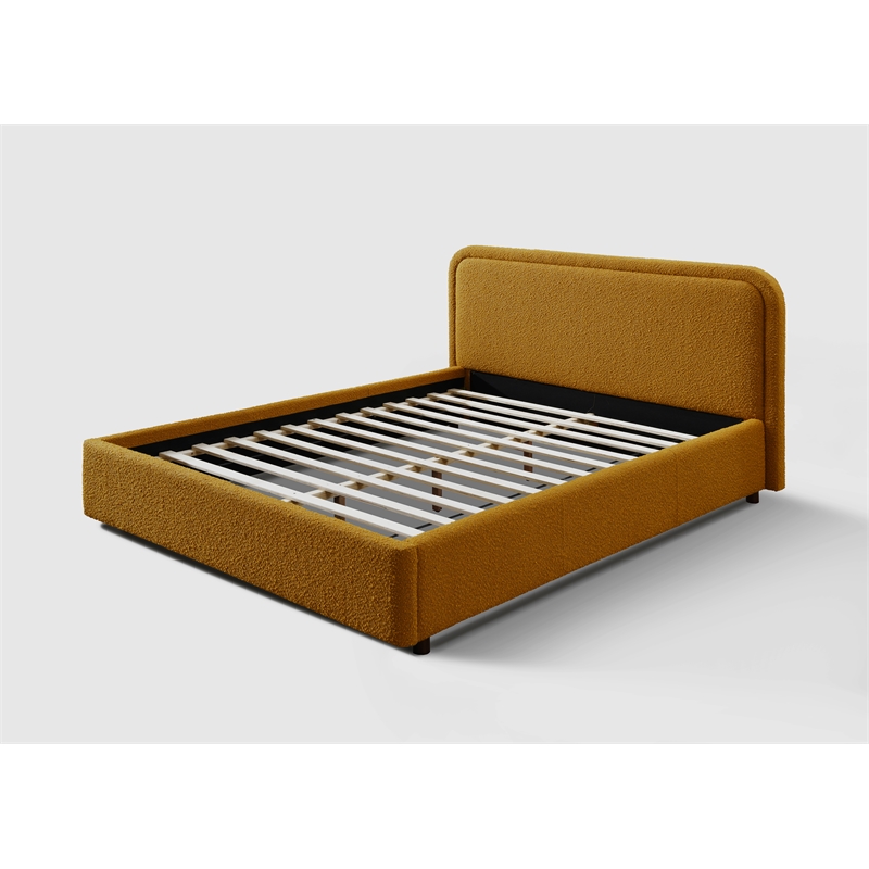 Pemberly Row Upholstered Platform Queen Bed in Mustard Boucle Fabric