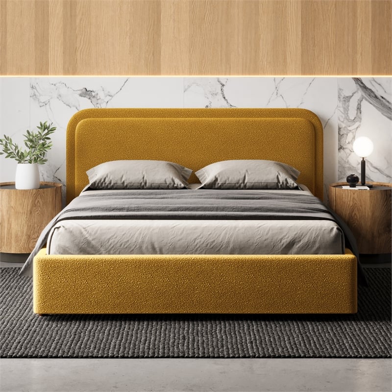 Pemberly Row Upholstered Platform Queen Bed in Mustard Boucle Fabric