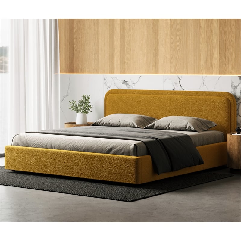 Pemberly Row Upholstered Platform King Bed in Mustard Boucle Fabric