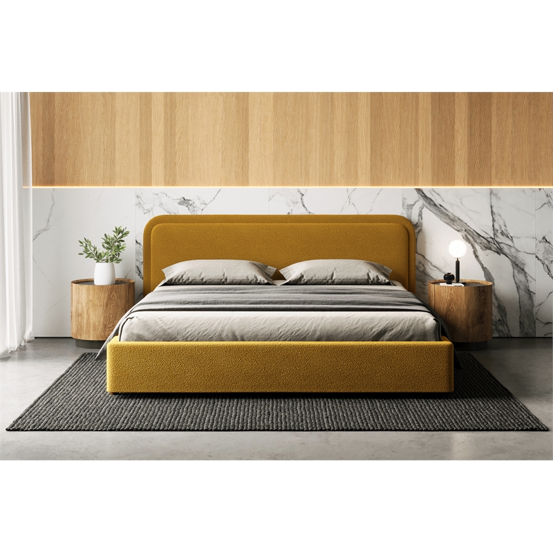 Pemberly Row Upholstered Platform King Bed in Mustard Boucle Fabric
