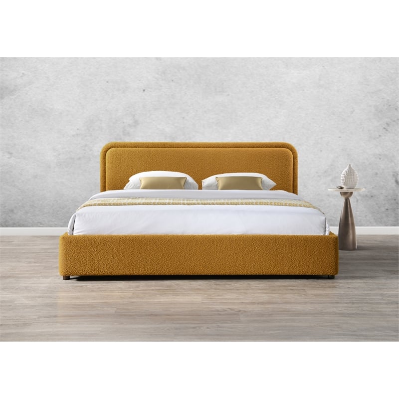 Pemberly Row Upholstered Platform King Bed in Mustard Boucle Fabric