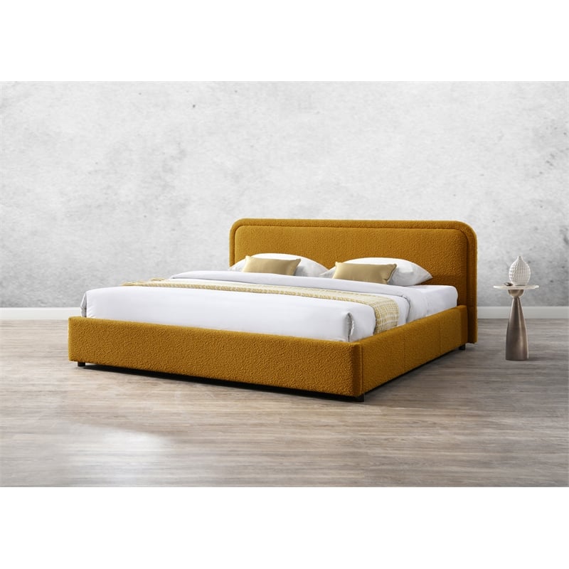 Pemberly Row Upholstered Platform King Bed in Mustard Boucle Fabric