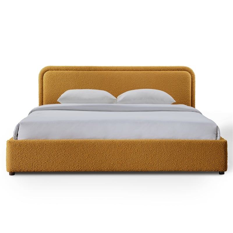Pemberly Row Upholstered Platform King Bed in Mustard Boucle Fabric