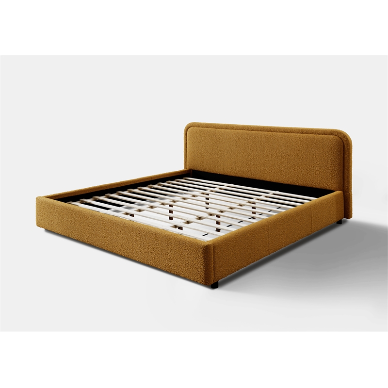 Pemberly Row Upholstered Platform King Bed in Mustard Boucle Fabric