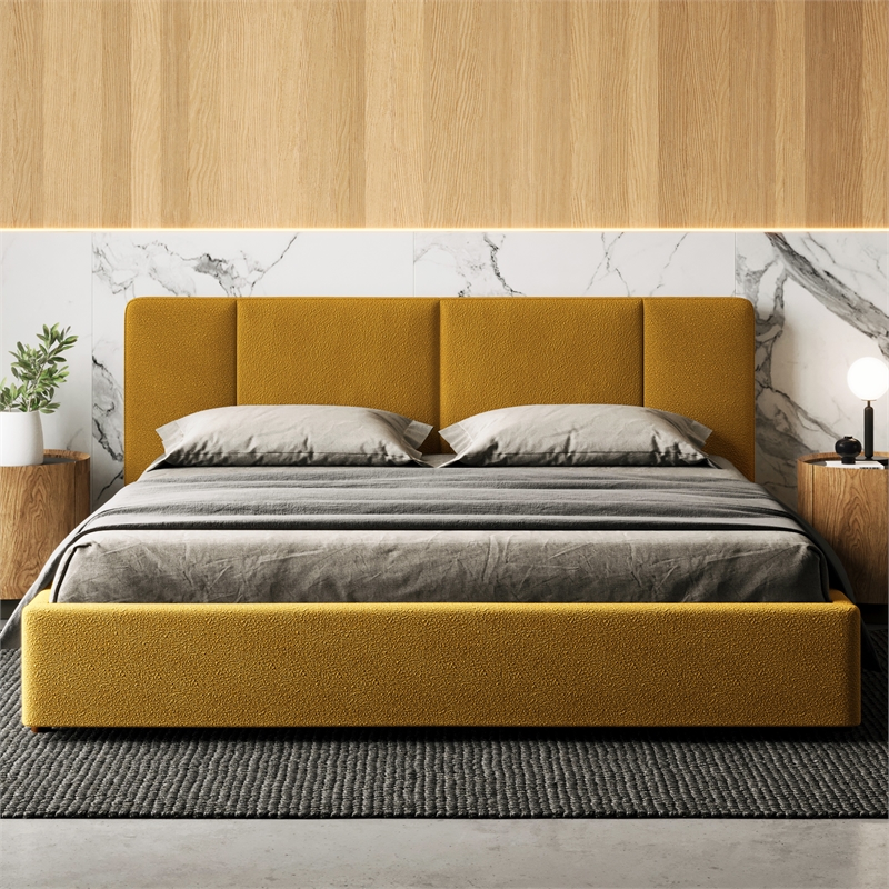 Pemberly Row Upholstered Platform King Bed in Mustard Boucle Fabric