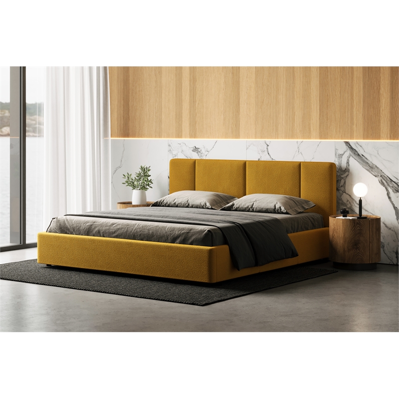Pemberly Row Upholstered Platform King Bed in Mustard Boucle Fabric