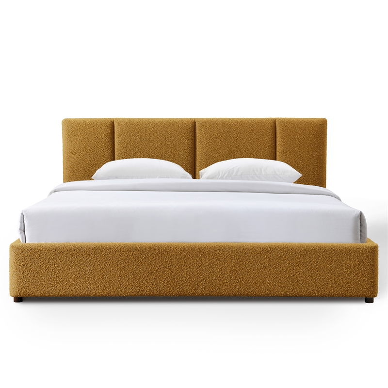 Pemberly Row Upholstered Platform King Bed in Mustard Boucle Fabric