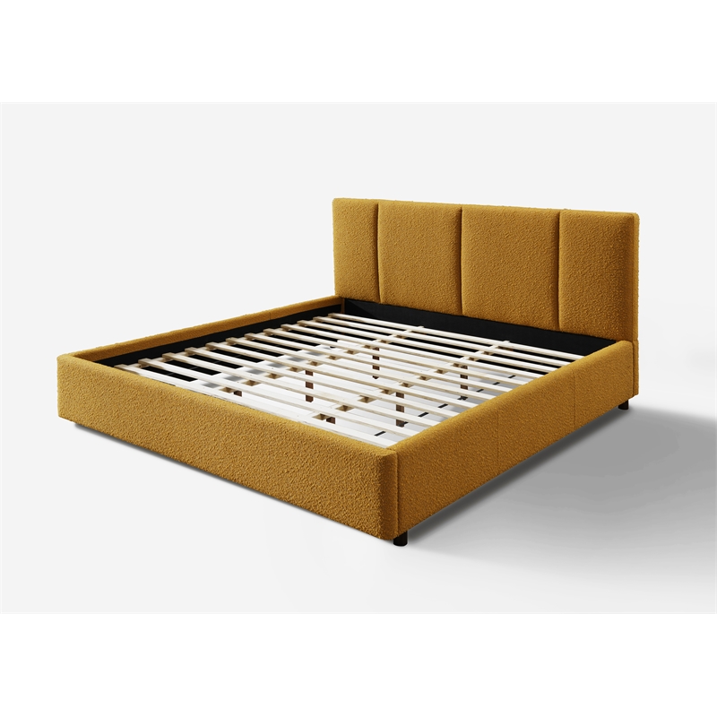 Pemberly Row Upholstered Platform King Bed in Mustard Boucle Fabric