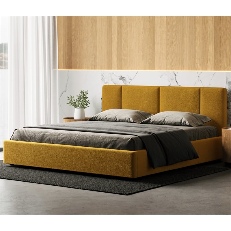 Pemberly Row Upholstered Platform King Bed in Mustard Boucle Fabric