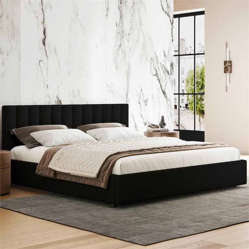 Pemberly Row Upholstered Platform King Bed in Black Boucle Fabric