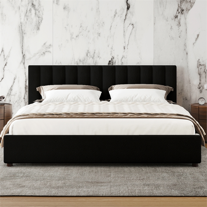 Pemberly Row Upholstered Platform King Bed in Black Boucle Fabric