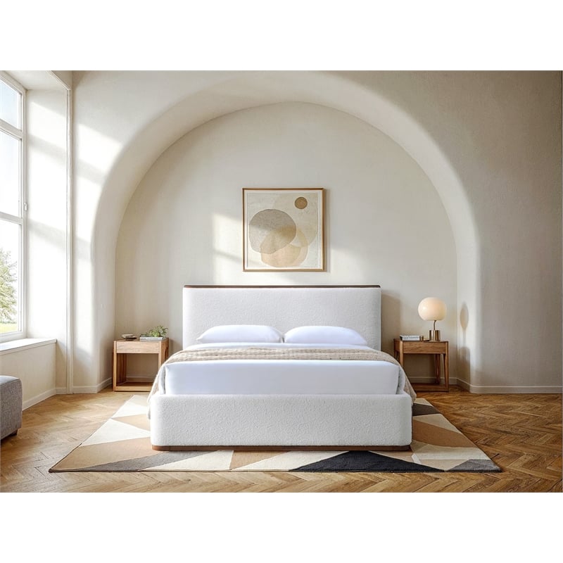 Pemberly Row Upholstered Platform Queen Bed in White Cream Boucle Fabric