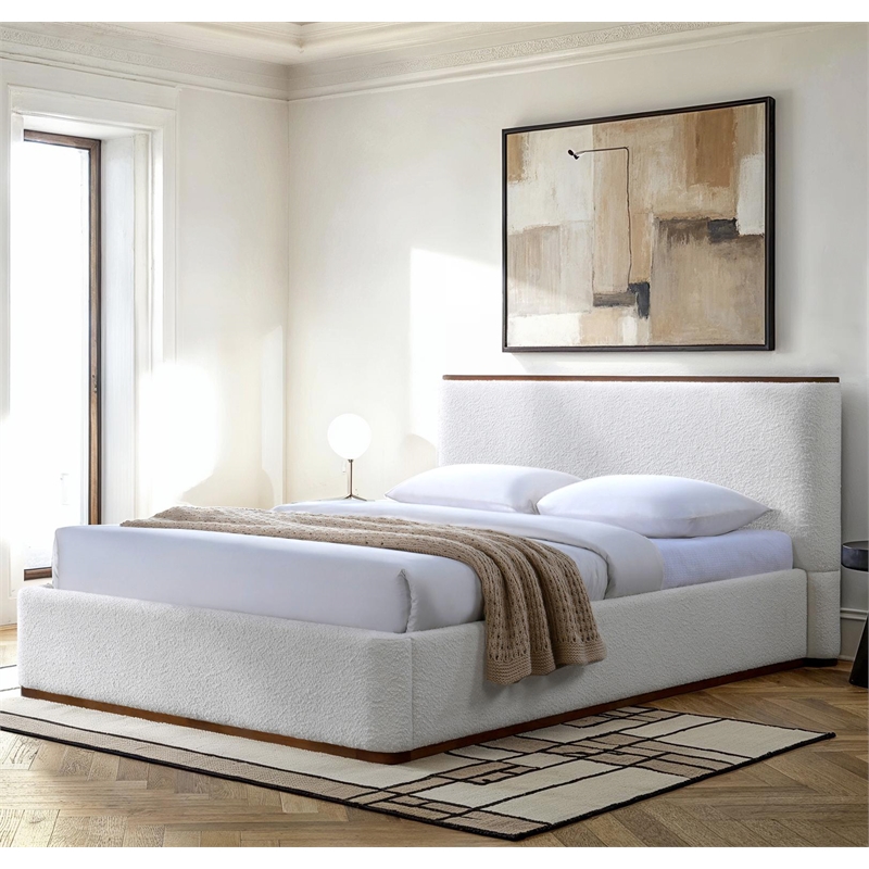 Pemberly Row Upholstered Platform Queen Bed in White Cream Boucle Fabric