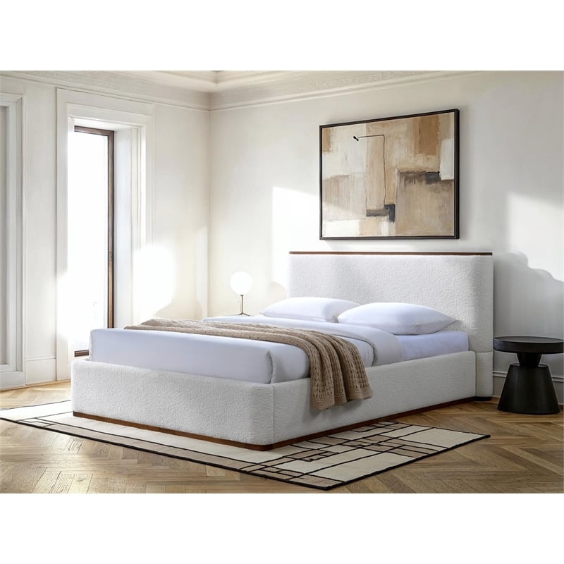 Pemberly Row Upholstered Platform Queen Bed in White Cream Boucle Fabric