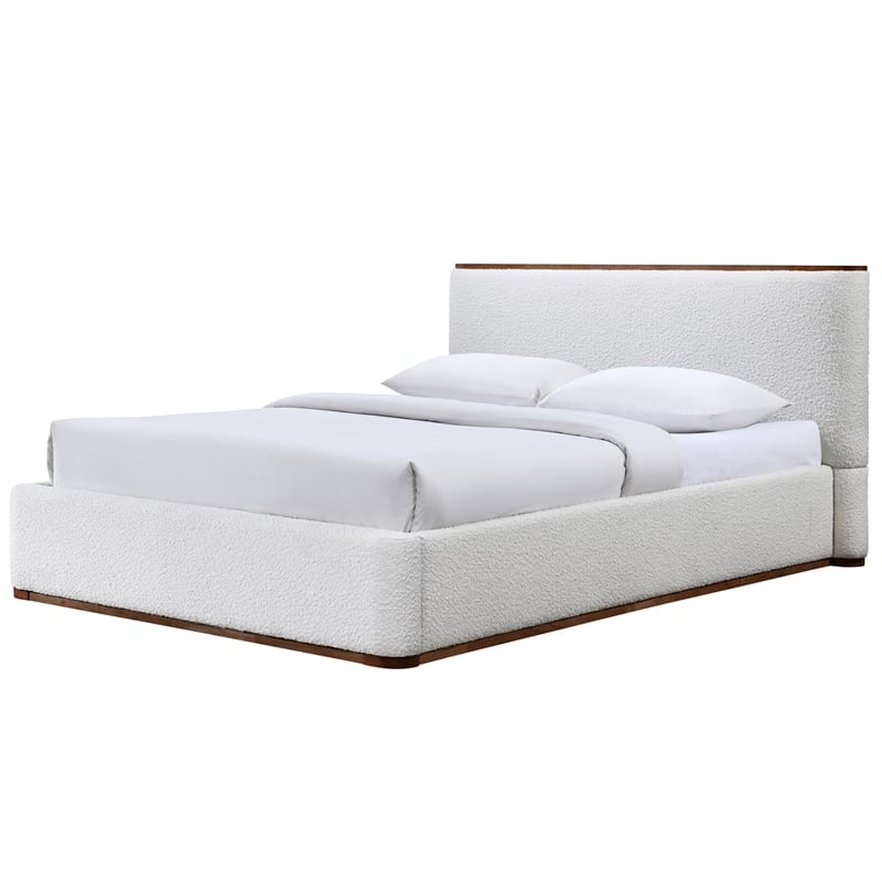 Pemberly Row Upholstered Platform Queen Bed in White Cream Boucle Fabric