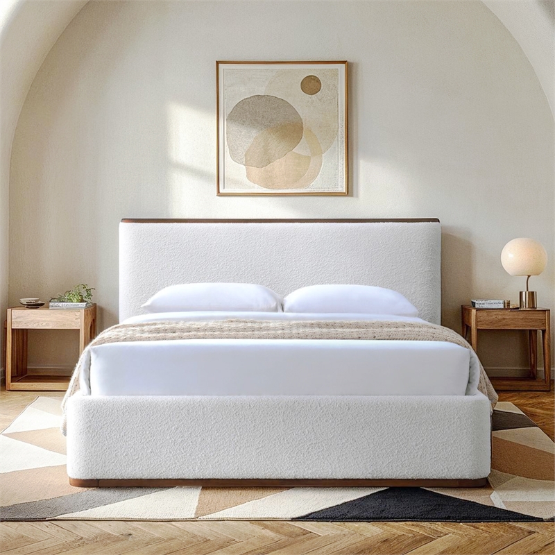 Pemberly Row Upholstered Platform Queen Bed in White Cream Boucle Fabric