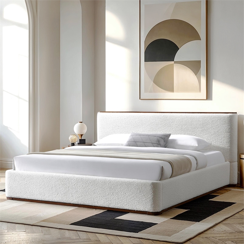 Pemberly Row Upholstered Platform King Bed in White Cream Boucle Fabric