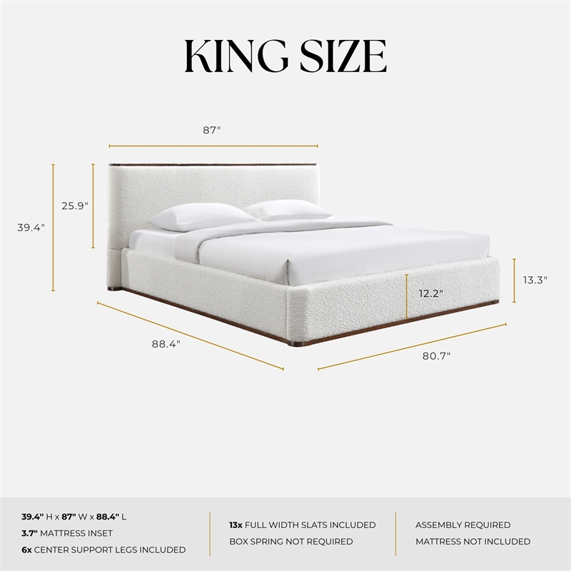 Pemberly Row Upholstered Platform King Bed in White Cream Boucle Fabric