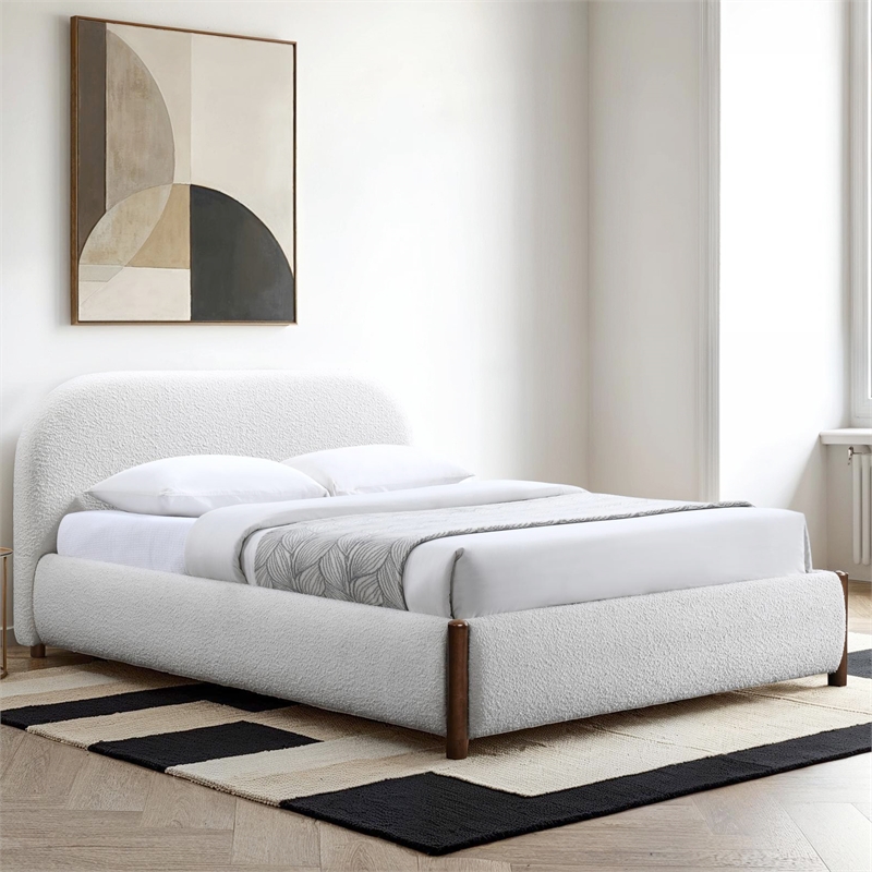 Pemberly Row Upholstered Platform Queen Bed in White Cream Boucle Fabric
