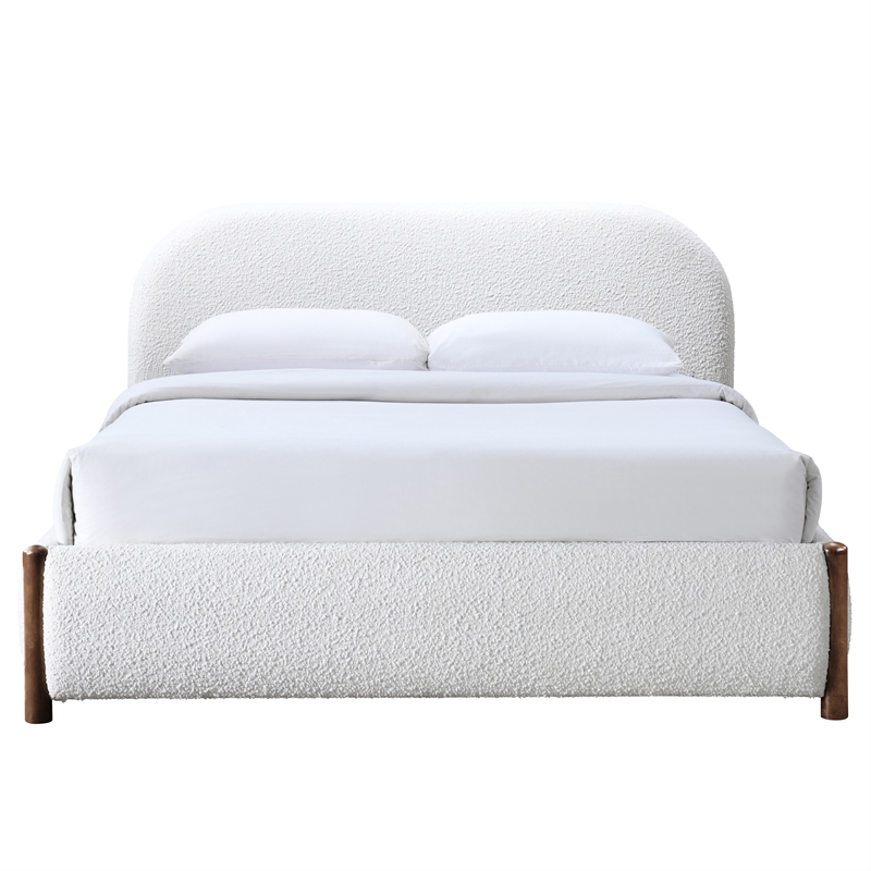 Pemberly Row Upholstered Platform Queen Bed in White Cream Boucle Fabric