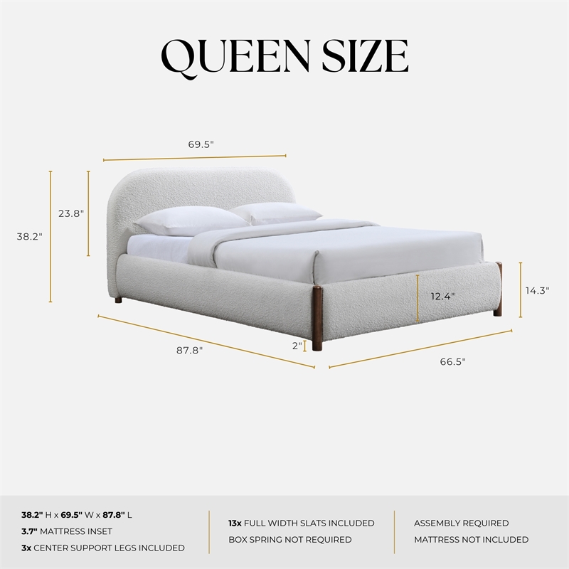 Pemberly Row Upholstered Platform Queen Bed in White Cream Boucle Fabric