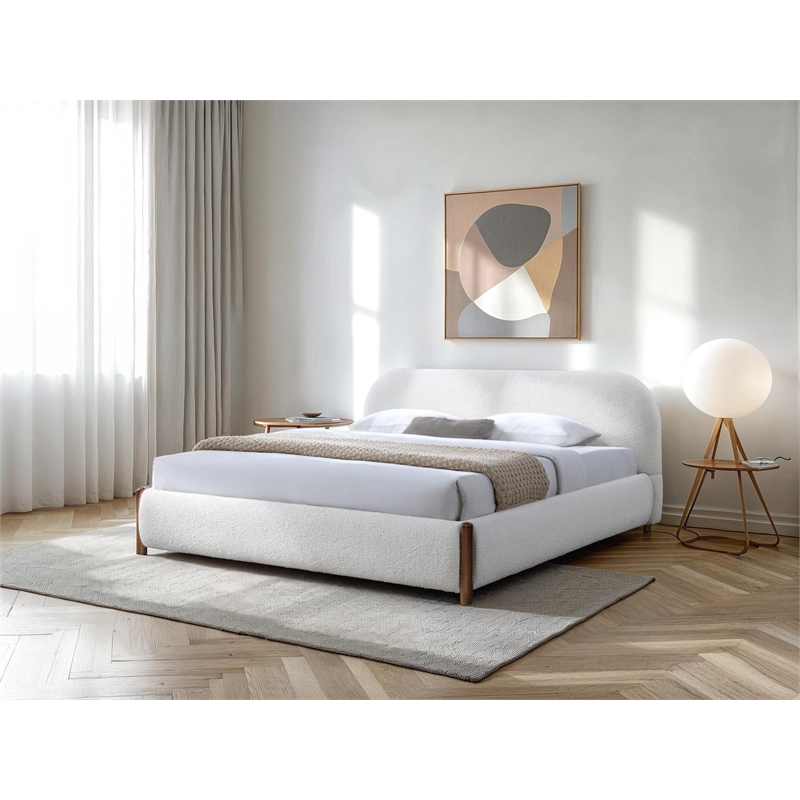 Pemberly Row Upholstered Platform King Bed in White Cream Boucle Fabric