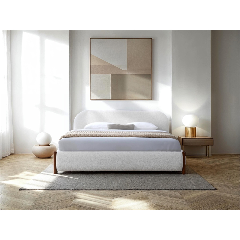 Pemberly Row Upholstered Platform King Bed in White Cream Boucle Fabric