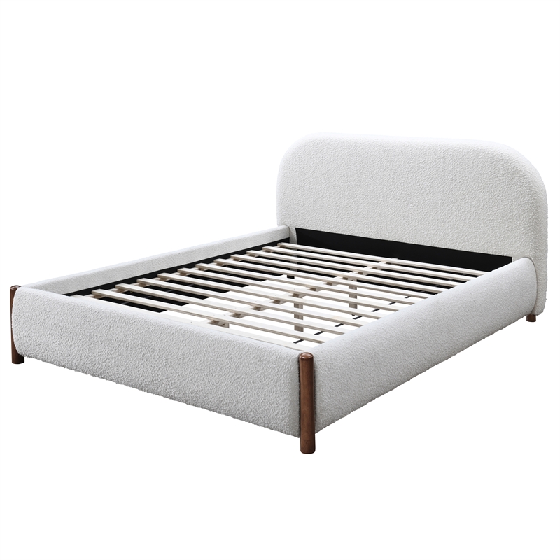 Pemberly Row Upholstered Platform King Bed in White Cream Boucle Fabric