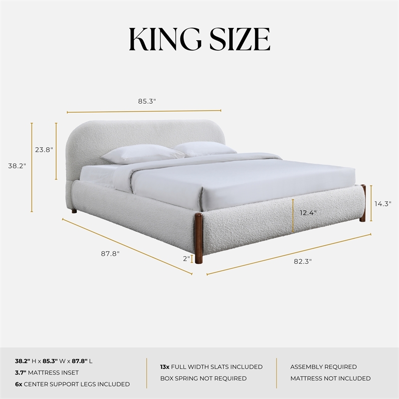 Pemberly Row Upholstered Platform King Bed in White Cream Boucle Fabric