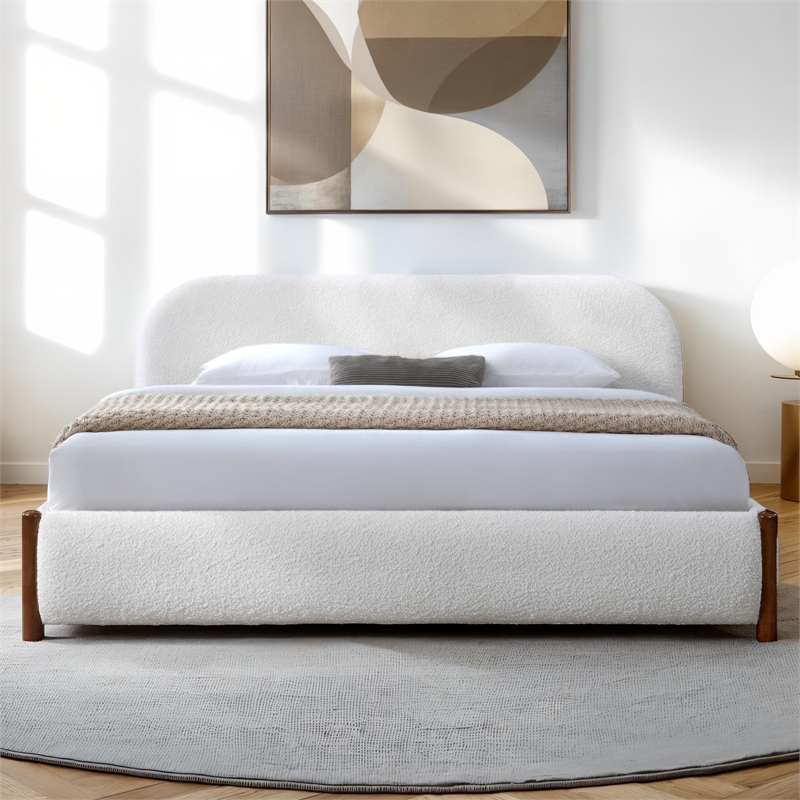 Pemberly Row Upholstered Platform King Bed in White Cream Boucle Fabric