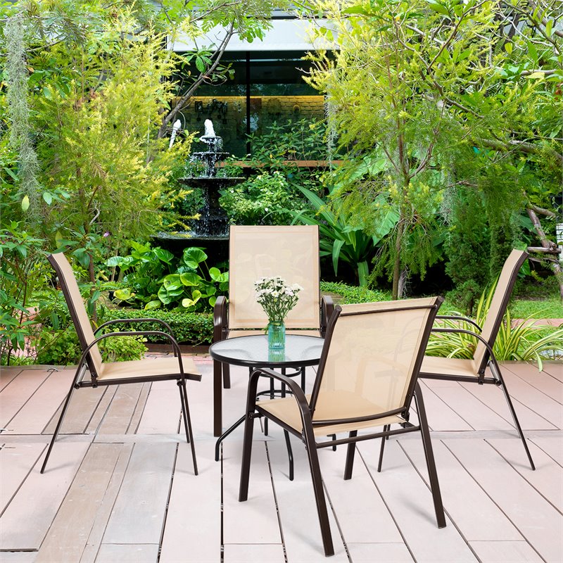 Pemberly Row 4 Pieces Steel and Fabric Patio Dining Chairs with Armrest in Beige