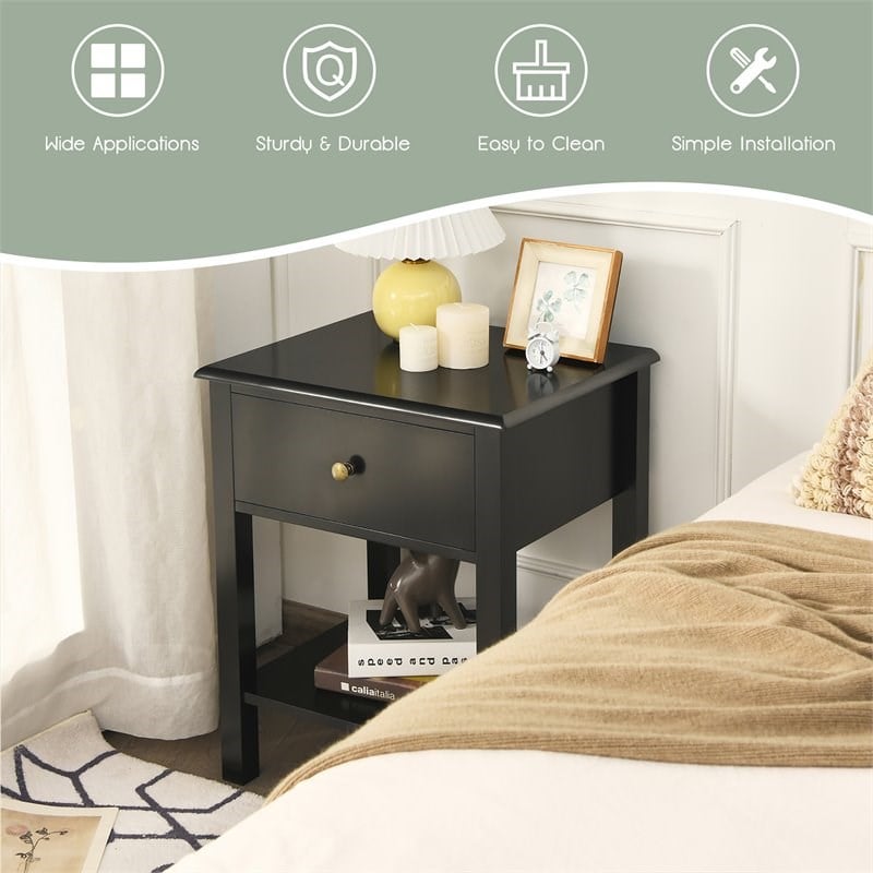 Pemberly Row Contemporary MDF Nightstand with Spacious Tabletop in Black