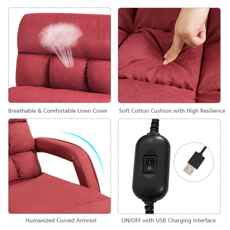 Pemberly Row Cotton Sofa Massage Recliner with 5 Adjustable Backrest in Red