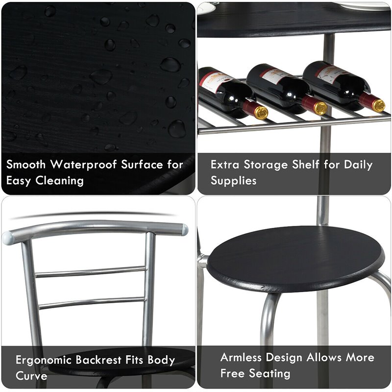 Pemberly Row 3-Pc MDF and Iron Dining Set with Table & 2 Chairs in Silver/Black