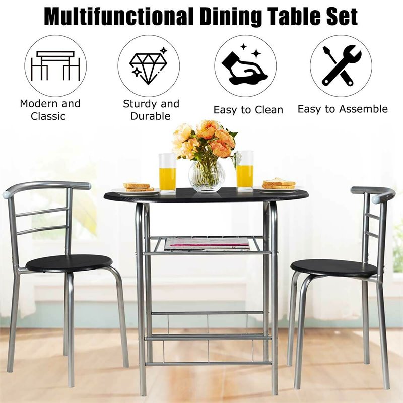 Pemberly Row 3-Pc MDF and Iron Dining Set with Table & 2 Chairs in Silver/Black