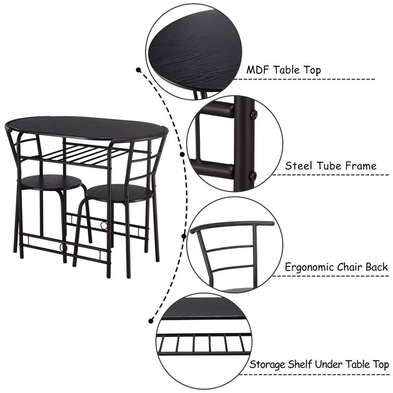 Pemberly Row 3-piece MDF and Steel Dining Set with Table and 2 Chairs in Black