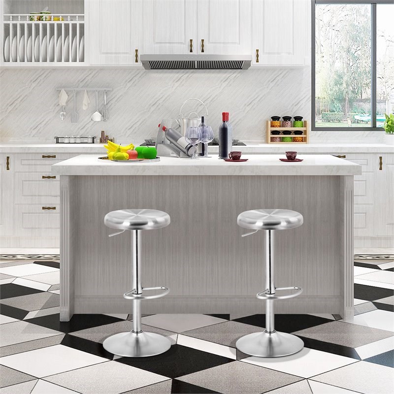 Pemberly Row Brushed Stainless Steel Swivel Bar Stool with Round Top in Silver