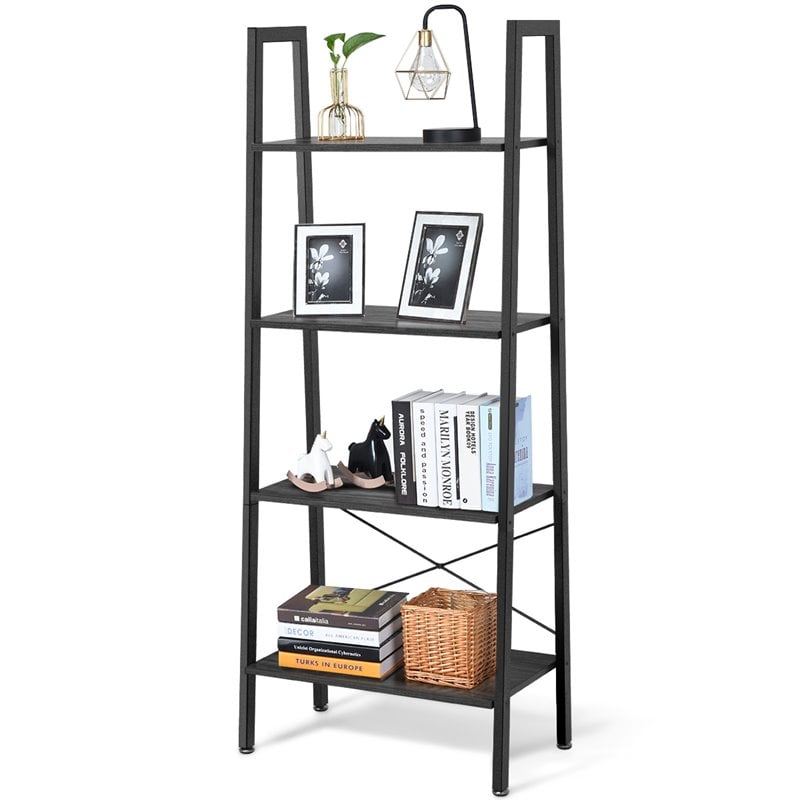 Pemberly Row 4-Tier Wood and Metal Ladder Bookcase in Brown and Silver