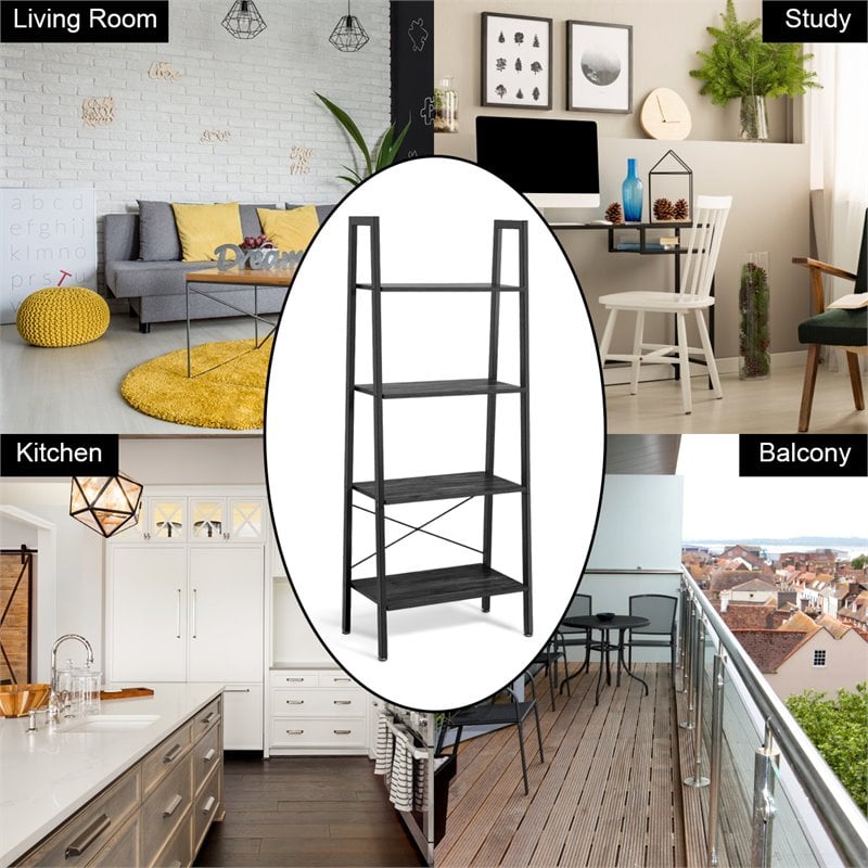 Pemberly Row 4-Tier Wood and Metal Ladder Bookcase in Brown and Silver