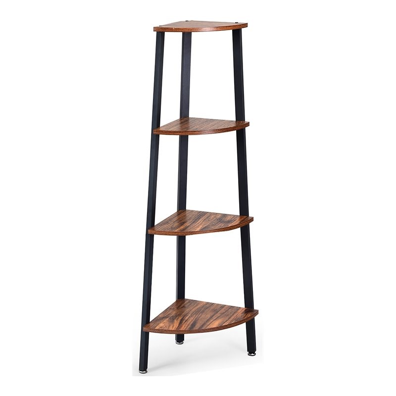 Pemberly Row 4-Tier Particle Board & Metal Brown/Black Corner Domestic Bookcase